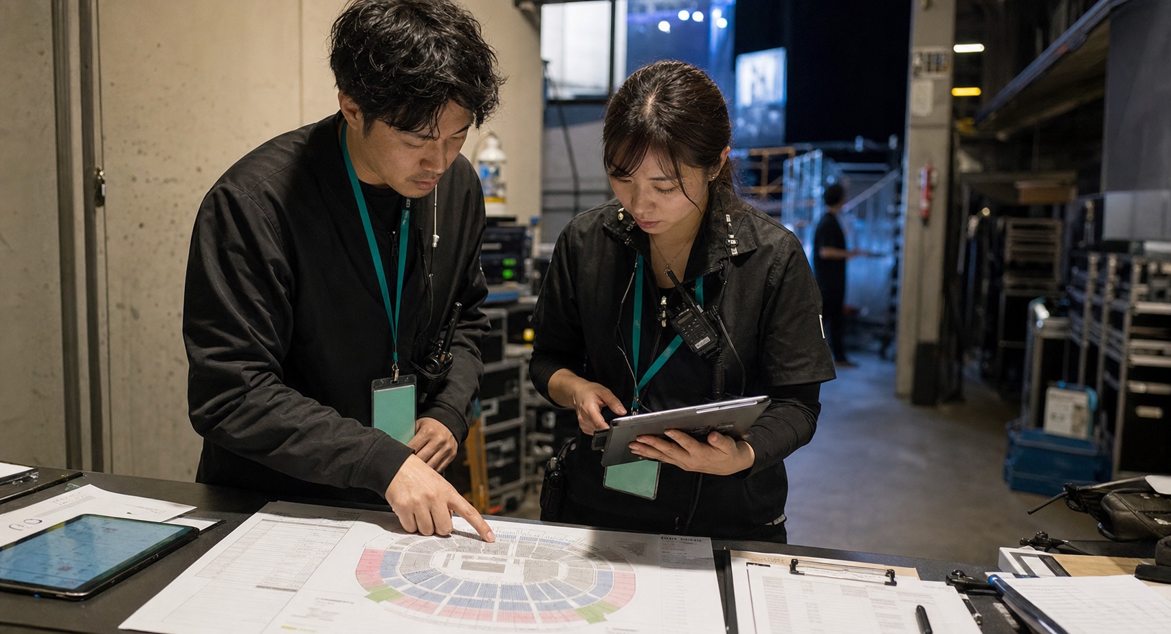 イベント制作の現場で座席図面と端末を確認するスタッフ